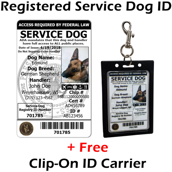 Registered Service Dog ID Card + Clip-On ID Carrier + Free Digital Copy